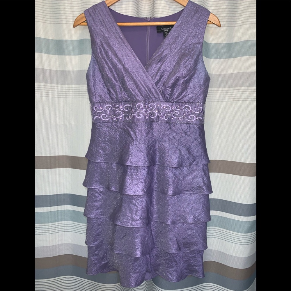 R&M Richards Petite Purple Ruffled Sequins Accent V-Neck Cocktail Dress